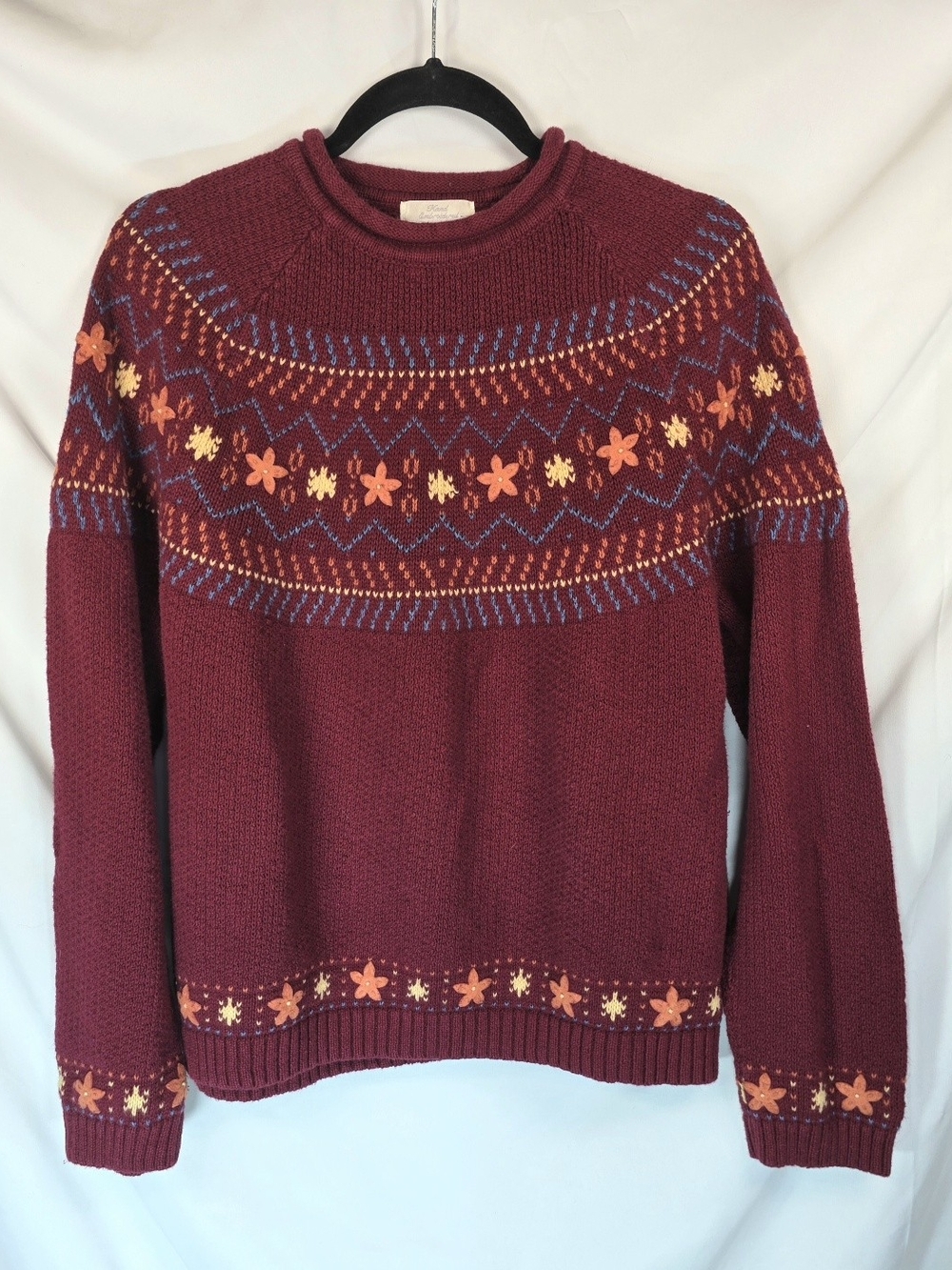 Christopher & Banks Vintage Fair Isle Sweater XL Burgundy Hand Embroidered Cozy